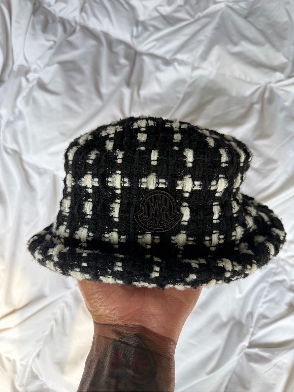 Moncler Black & White Tweed Bucket Hat with Logo Patch